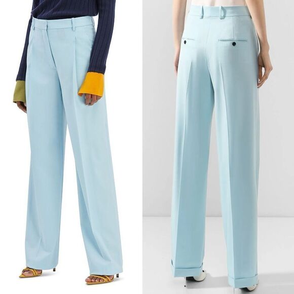 NWT Oscar De La Renta Wool Pleated Cuffed Wide Leg Trouser Pants in Aquamarine 4 - Picture 1 of 9